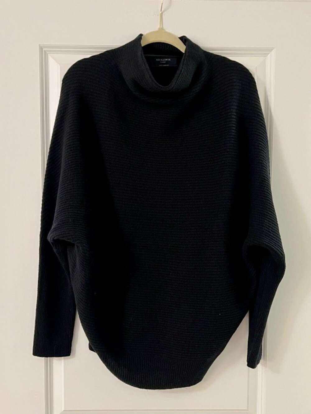 All Saints 'Ridley' Black Mock Cowl Neck Sweater, 100% Merino Wool, NEW